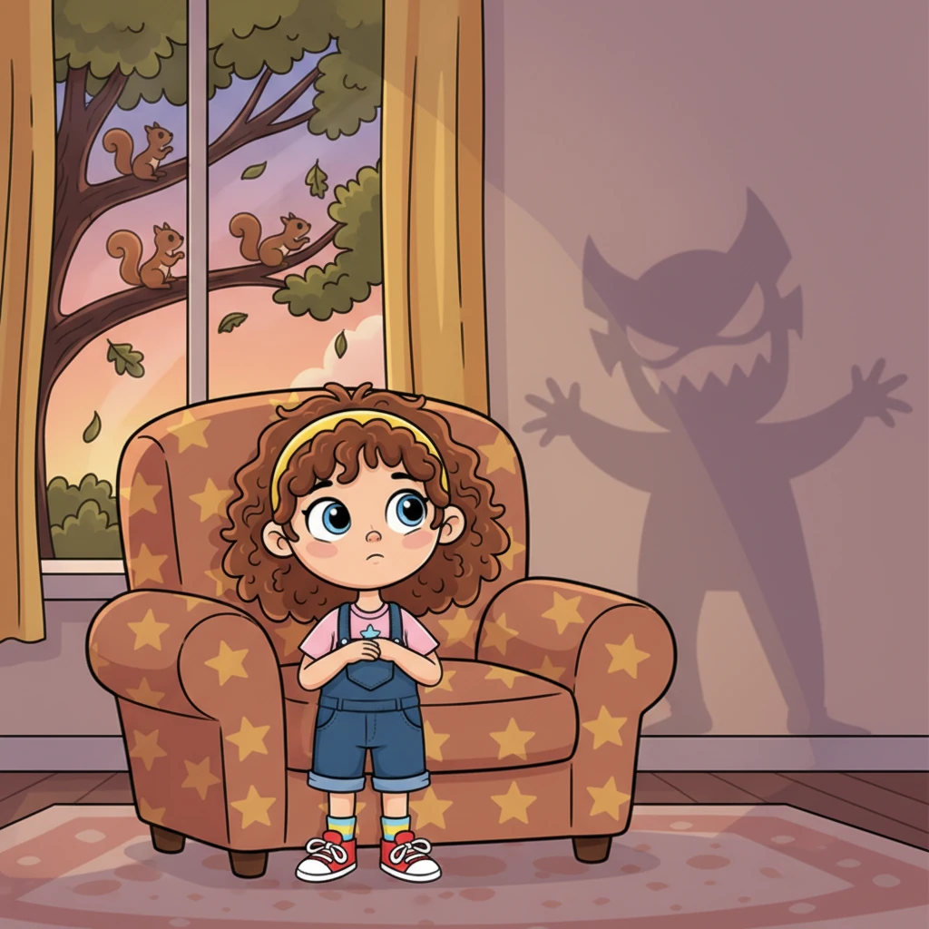 Lily peeked from behind the big, comfy armchair, her eyes wide with worry. Even the gentle rustle of leaves outside made her jump, and her own shadow seemed to stretch into a scary monster on the wall. She wished she could be as brave as the squirrels she saw from her window.