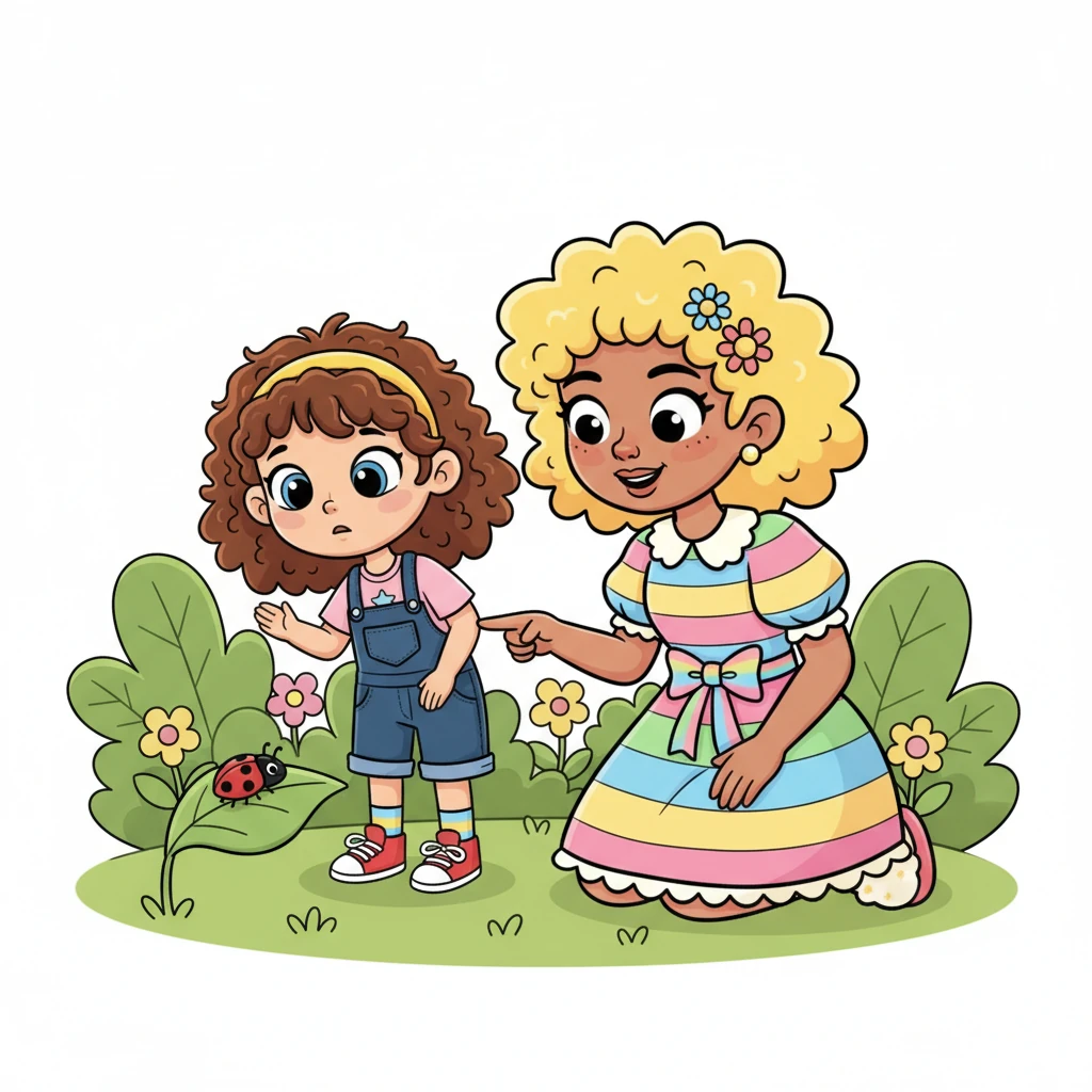 One sunny morning, her mom pointed to a tiny, bright red ladybug crawling slowly on a green leaf. Lily usually shied away from anything that moved, but this little creature was so small and delicate. Her mom smiled, "Look, Lily, isn't it pretty?"