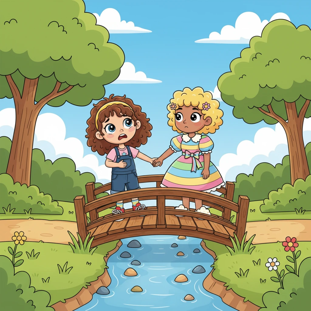The next day at the park, a small wooden bridge spanned a trickling stream. It swayed ever so slightly with each step, and Lily's eyes grew wide. She clung tightly to her mom's hand, convinced the bridge would tumble into the water.