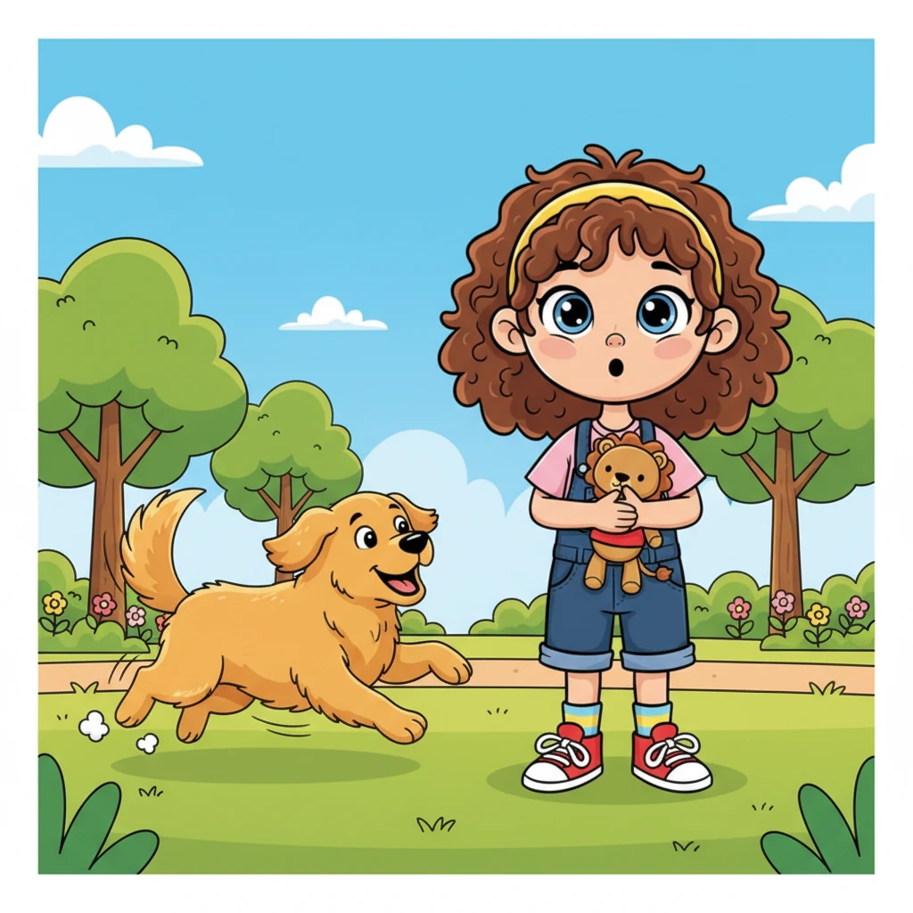 Further into the park, a fluffy golden retriever bounded towards them, its tail wagging like a happy pendulum. Lily's usual reaction was to hide or run, but this time, she just stood frozen, observing the dog's playful barks.