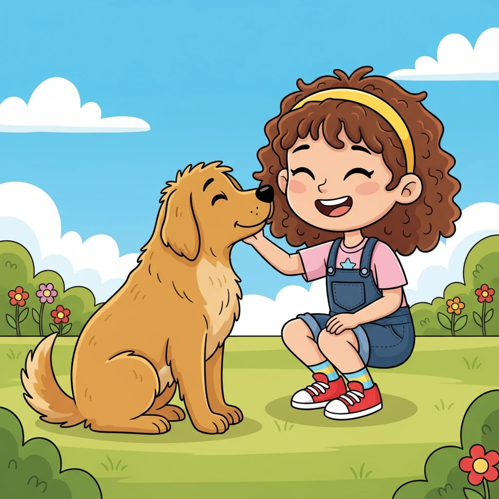 The friendly dog nudged her hand with its wet nose, whimpering softly. Remembering her ladybug moment, Lily slowly reached out her hand. She gently stroked its soft fur, feeling the warmth of its head against her palm, a big smile spreading across her face.