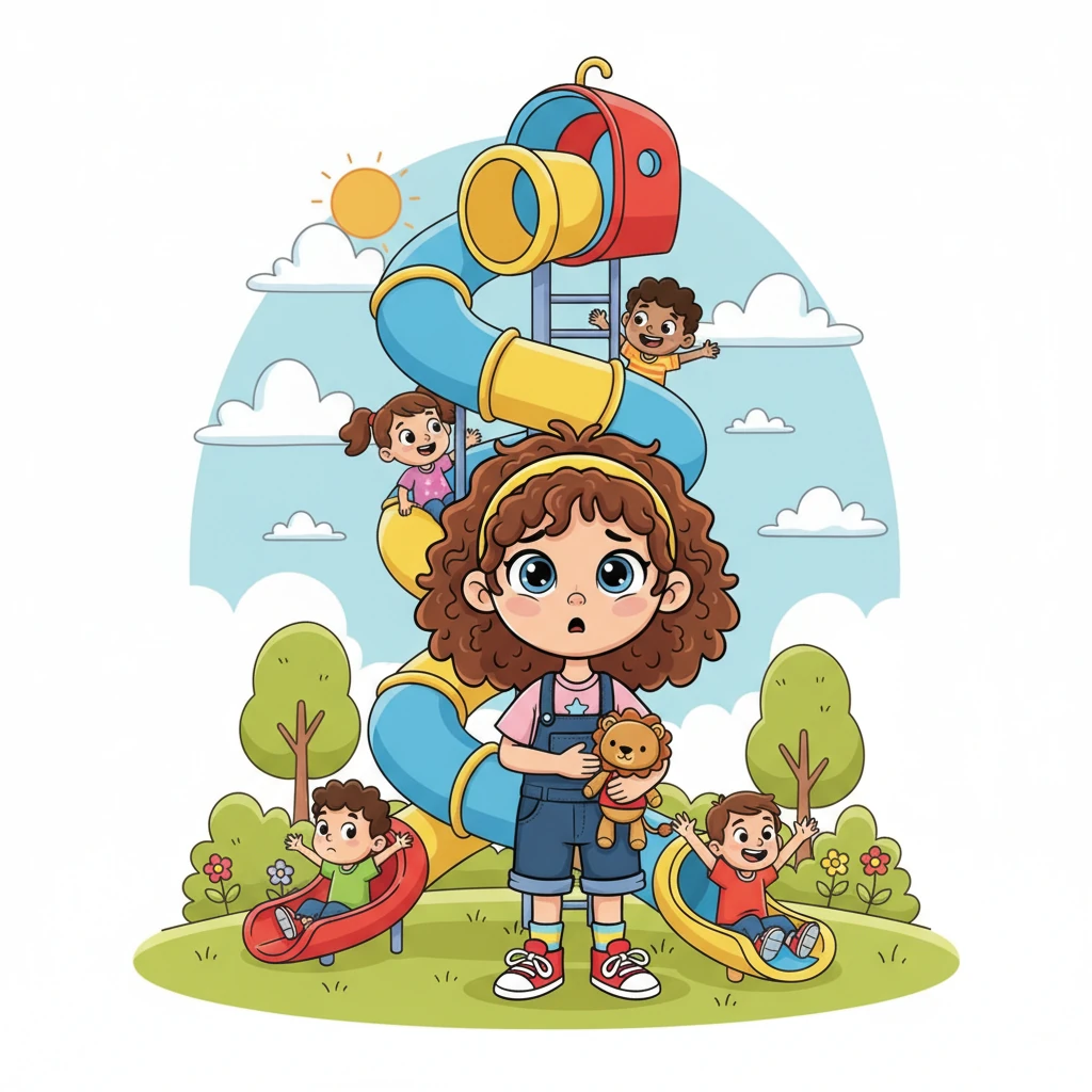 Near the end of their park visit, a towering, twisty slide gleamed under the sun, filled with the joyous shouts of other children. Lily had always admired it from afar, but the thought of climbing so high and sliding so fast made her tummy do flip-flops.