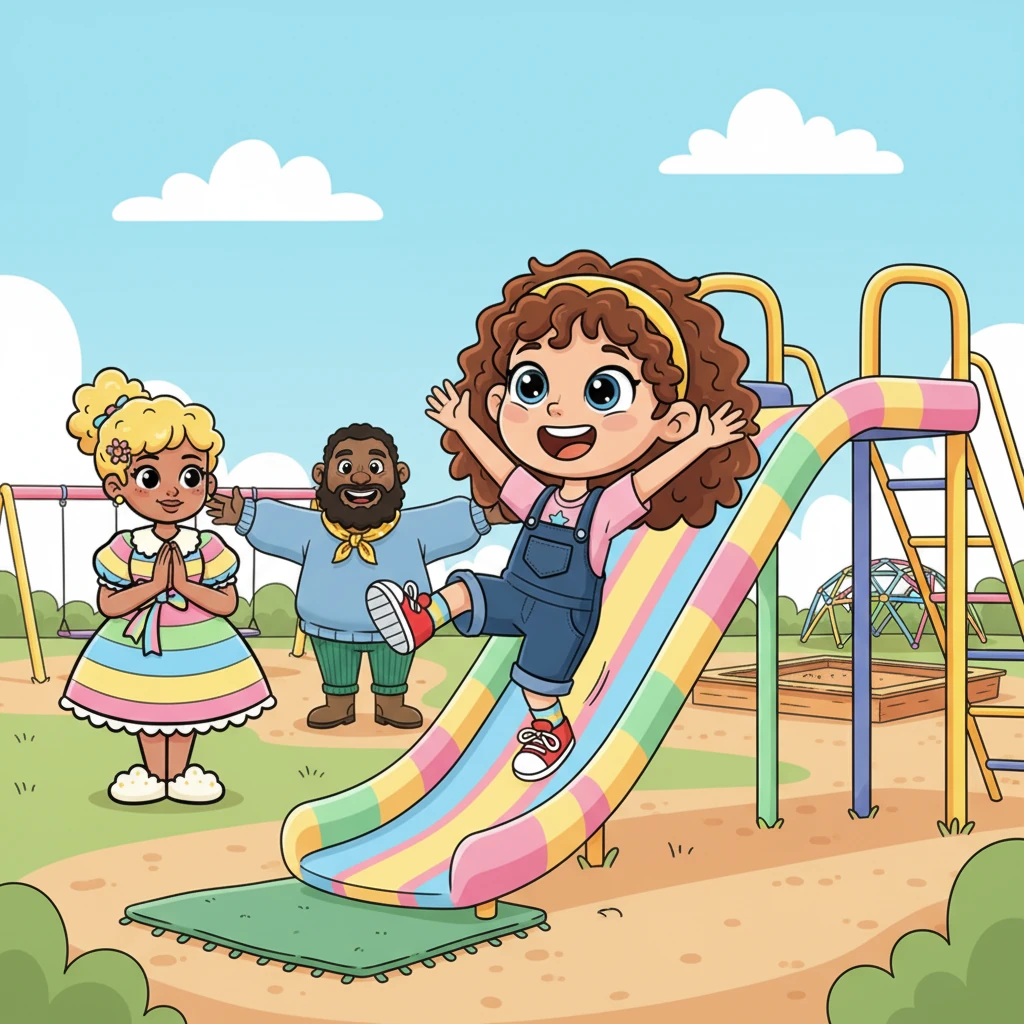 Taking a deep breath, just like she did before touching the ladybug and crossing the bridge, Lily marched towards the slide. She climbed the steps, her heart thumping, then pushed off with a squeal of delight as she zoomed down, landing with a triumphant laugh.