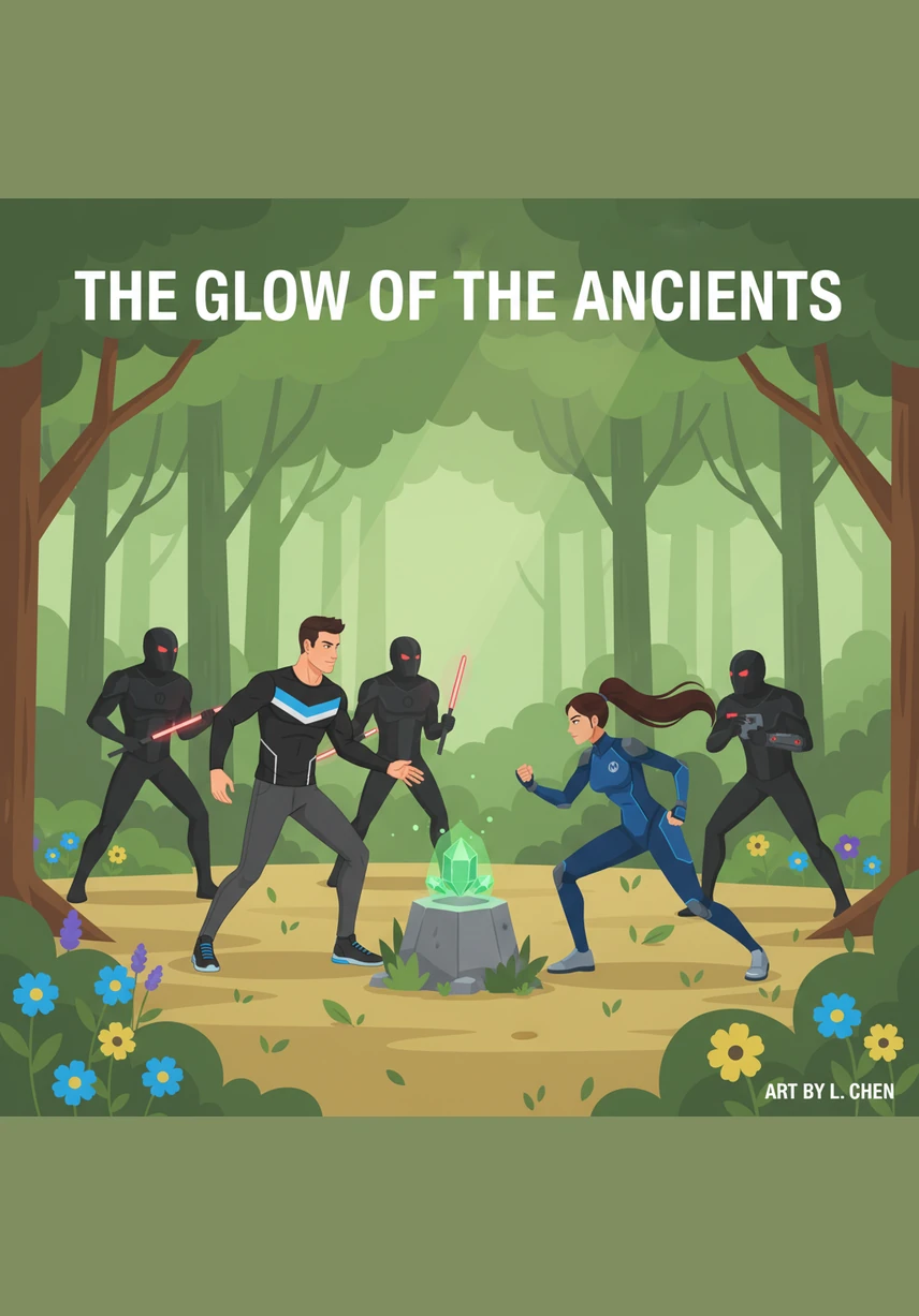 In a hidden clearing, they stop in their tracks at the sight of a magnificent, giant flower taller than a house. Its petals shimmer with every color of the rainbow, casting a soft, ethereal glow on the mossy ground below.