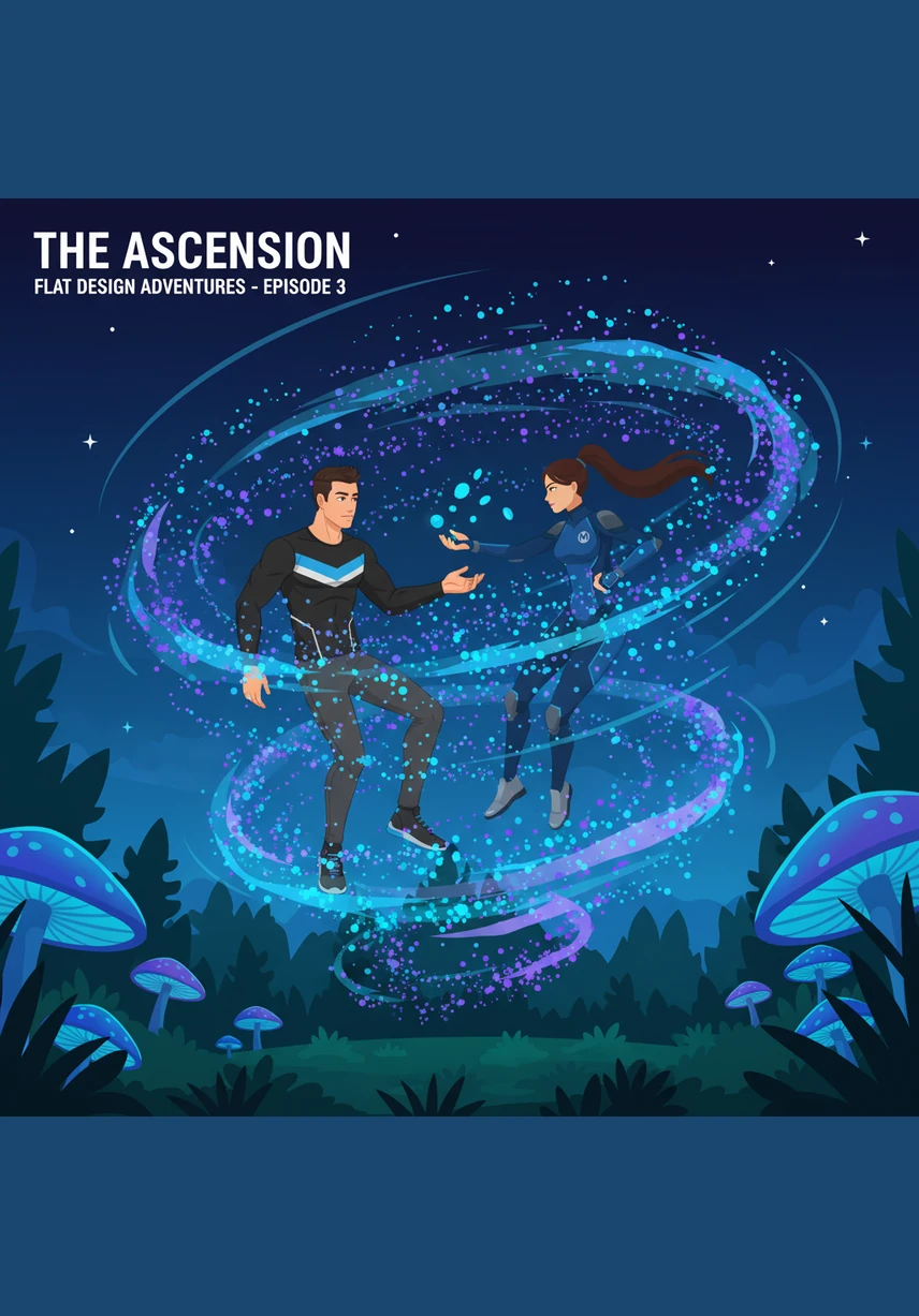 The spores swirl around Leo and Mia in a glowing whirlwind, lifting them slightly off their feet into the warm air. They giggle as the magical light tickles their skin, feeling a strange and tingly energy surging through them.