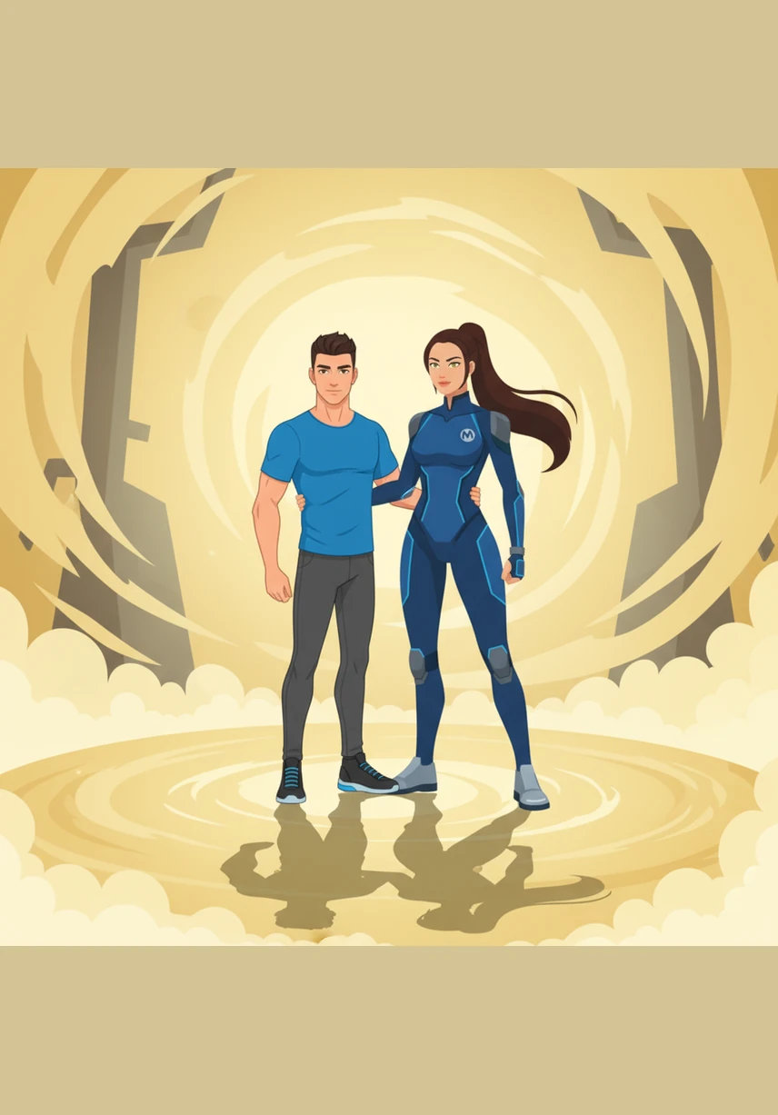 Within the golden mist, their shadows begin to stretch and change shape with incredible speed. Their small frames grow taller and stronger, while their playful outfits transform into elegant, adult attire that fits their new forms.