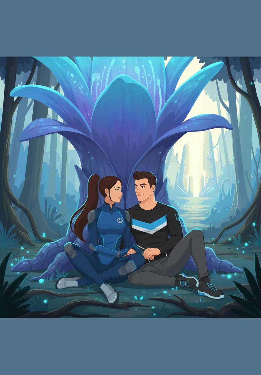 They sit together by the base of the giant flower, realizing that though they have skipped many years in a single moment, their bond remains unchanged. The forest seems smaller now, but the world ahead feels full of endless, exciting possibilities.