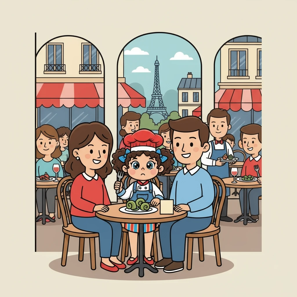 The family arrived at a bustling Parisian restaurant. Amelia's eyes widened at the menu. She carefully read the French descriptions: 'une entrée' (appetizer), 'le plat principal' (main course), and 'un dessert' (dessert). They ordered 'escargots' (snails) as an appetizer, which Amelia bravely tried!