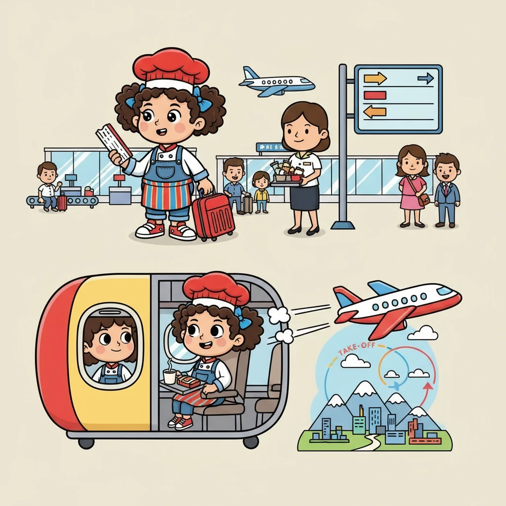 Next, the Globetrotters were at the airport, ready for their flight to Tokyo. Amelia checked the 'boarding pass' and followed the 'gate' signs. Inside the 'airplane', the 'flight attendants' offered drinks and snacks. Amelia learned about 'take-off' and 'landing' during the exciting journey.