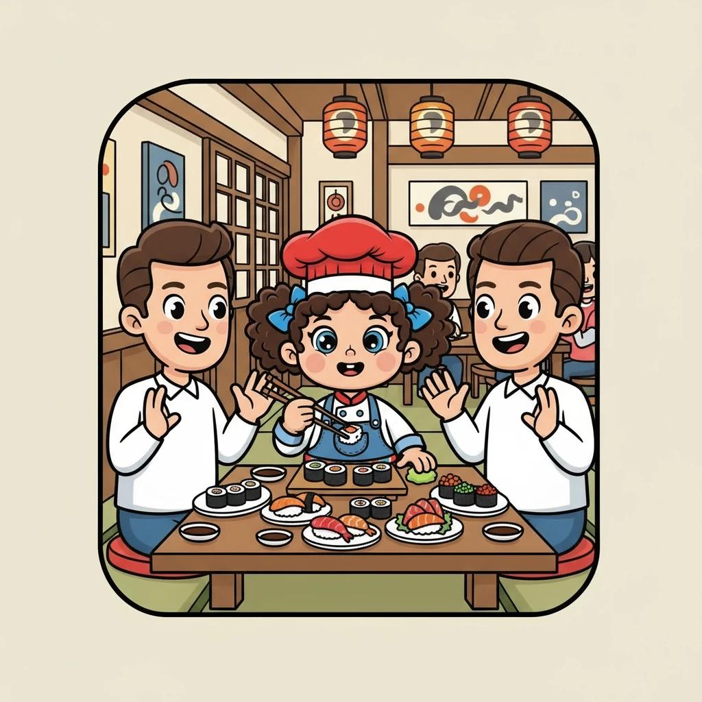 In Tokyo, the family visited a traditional sushi restaurant. Amelia learned about different types of 'sushi': 'nigiri', 'sashimi', and 'maki'. She bravely tried 'wasabi' and learned to use 'chopsticks'. The family exclaimed 'Itadakimasu!' before enjoying their meal.