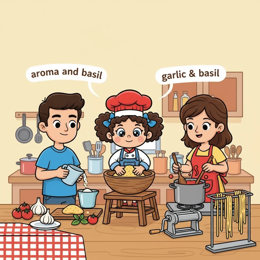 Back home, it was time for the Italian cooking class. In the 'kitchen', Amelia's parents helped her measure ingredients and follow the 'recipe'. They learned to make 'pasta', and 'sauce' from scratch. Soon, the aroma of garlic and basil filled the air!