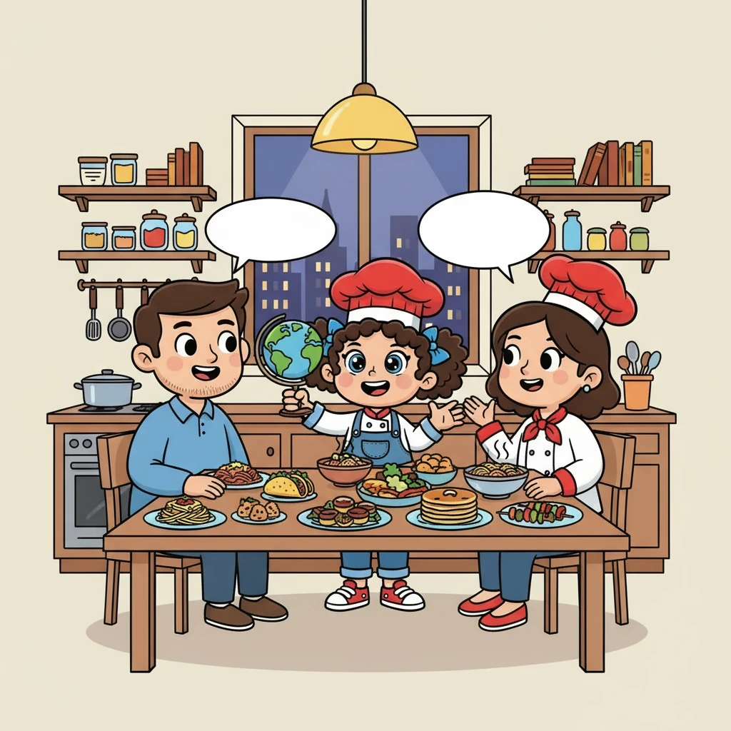 Finally, back in their own kitchen, Amelia and her family recreated their favorite dishes from their travels. They shared stories, laughter, and delicious food. Amelia realized that the best part of traveling wasn't just the food, but the memories they created together, and all the new words she learned along the way.