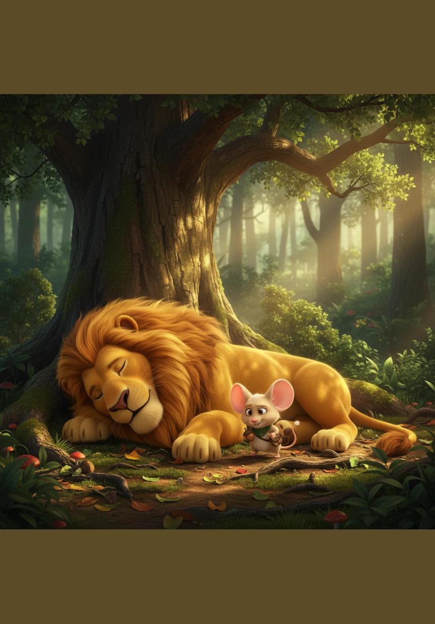 ایک گھنے اور سرسبز جنگل میں شیرو نامی ایک طاقتور شیر ایک بڑے درخت کے سائے میں پرسکون نیند سو رہا تھا۔ سورج کی سنہری کرنیں پتوں سے چھن کر اس کی سنہری کھال پر چمک رہی تھیں اور پورا منظر بہت پرامن تھا۔