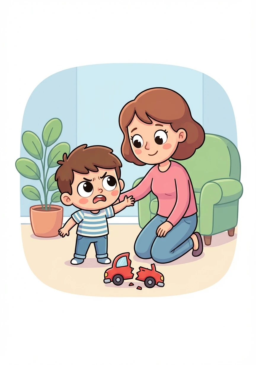 تطلب والدة سالم منه أن يعبر عن شعوره بالكلام. يقول: "أنا غاضب لأن سيارتي انكسرت!"