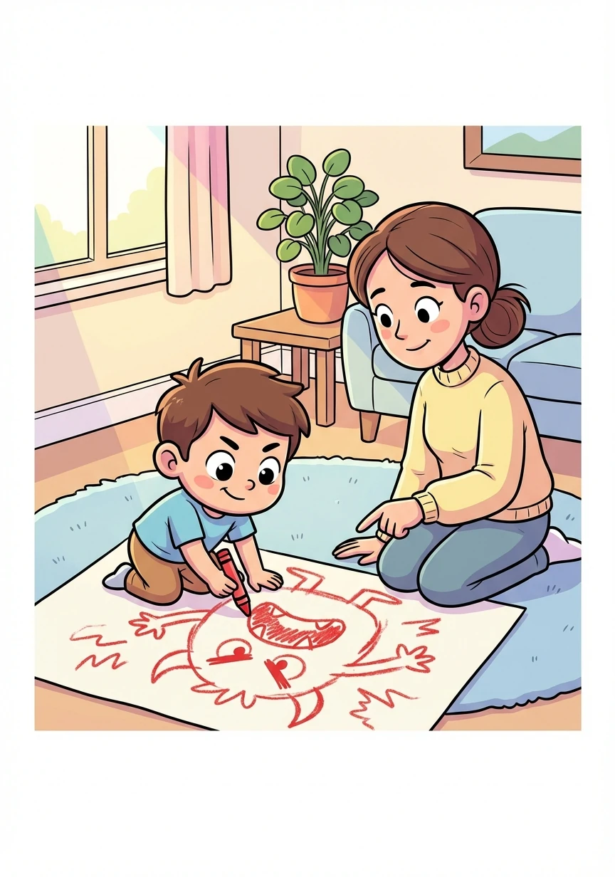 تقترح والدة سالم عليه أن يرسم غضبه. يرسم سالم وحشاً أحمر كبيراً.