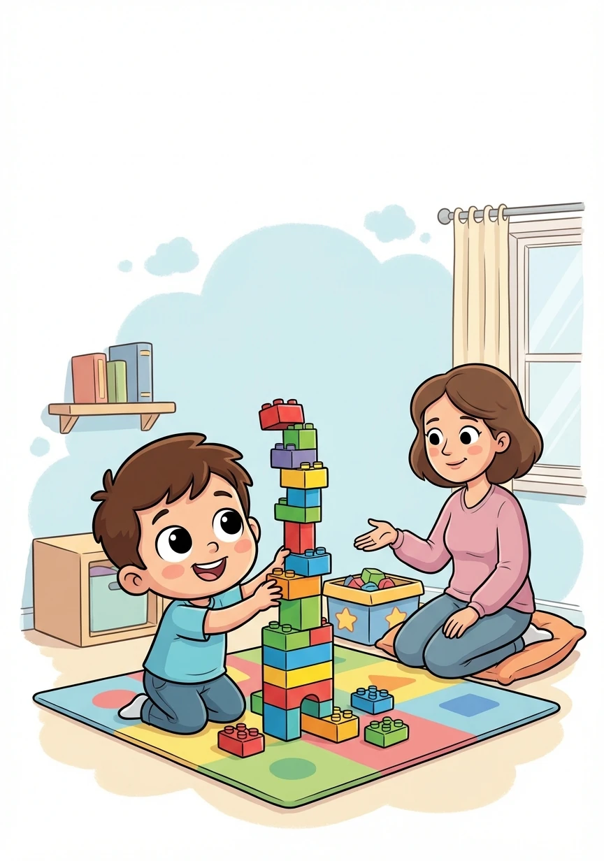 تقترح والدة سالم عليه أن يلعب بلعبة أخرى. يختار سالم لعبة البناء ويصنع برجاً كبيراً.