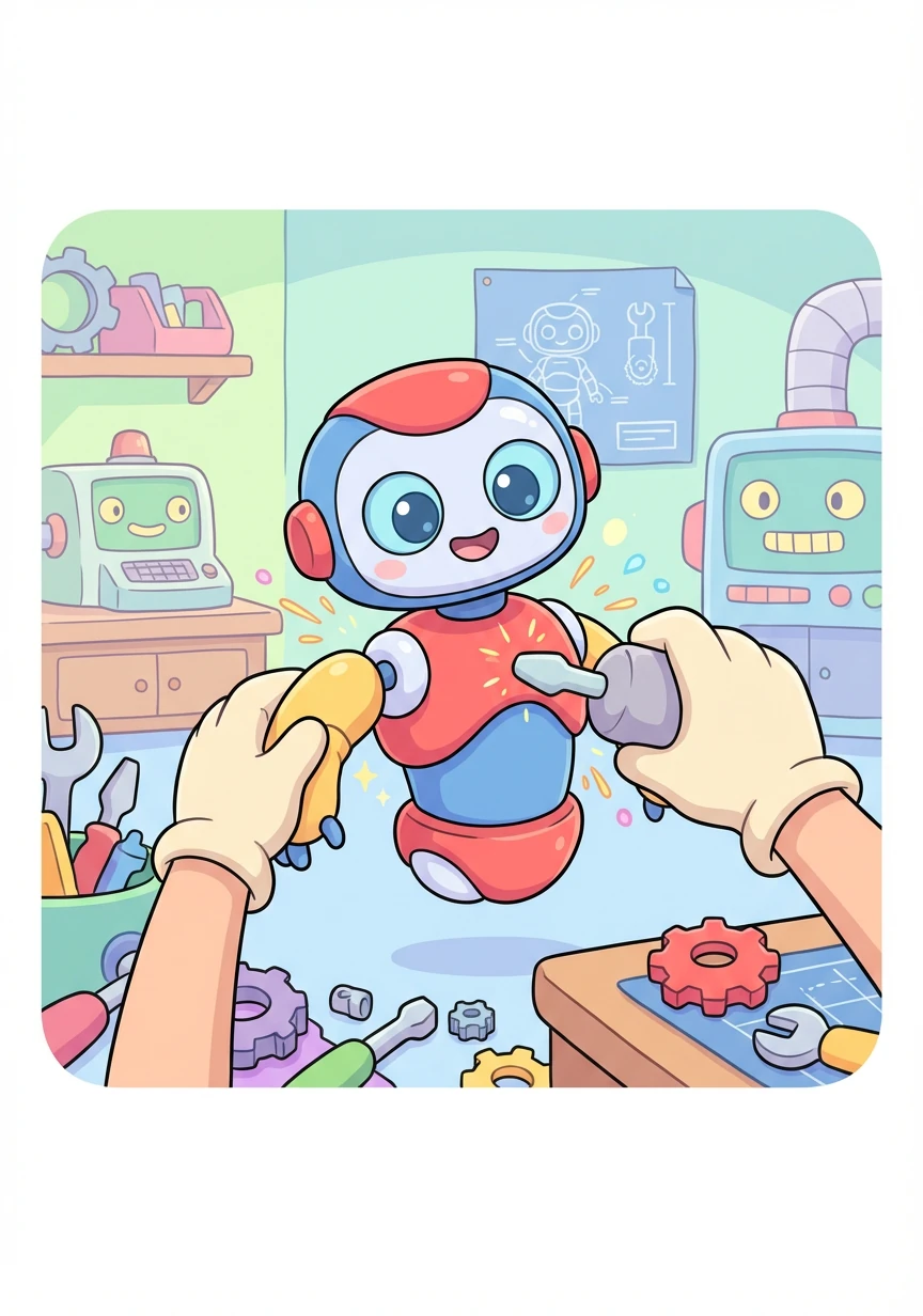 In a bright, bustling workshop, Freddie Facelift, a small, friendly robot, is being assembled. He has big, curious eyes and a cheerful smile.