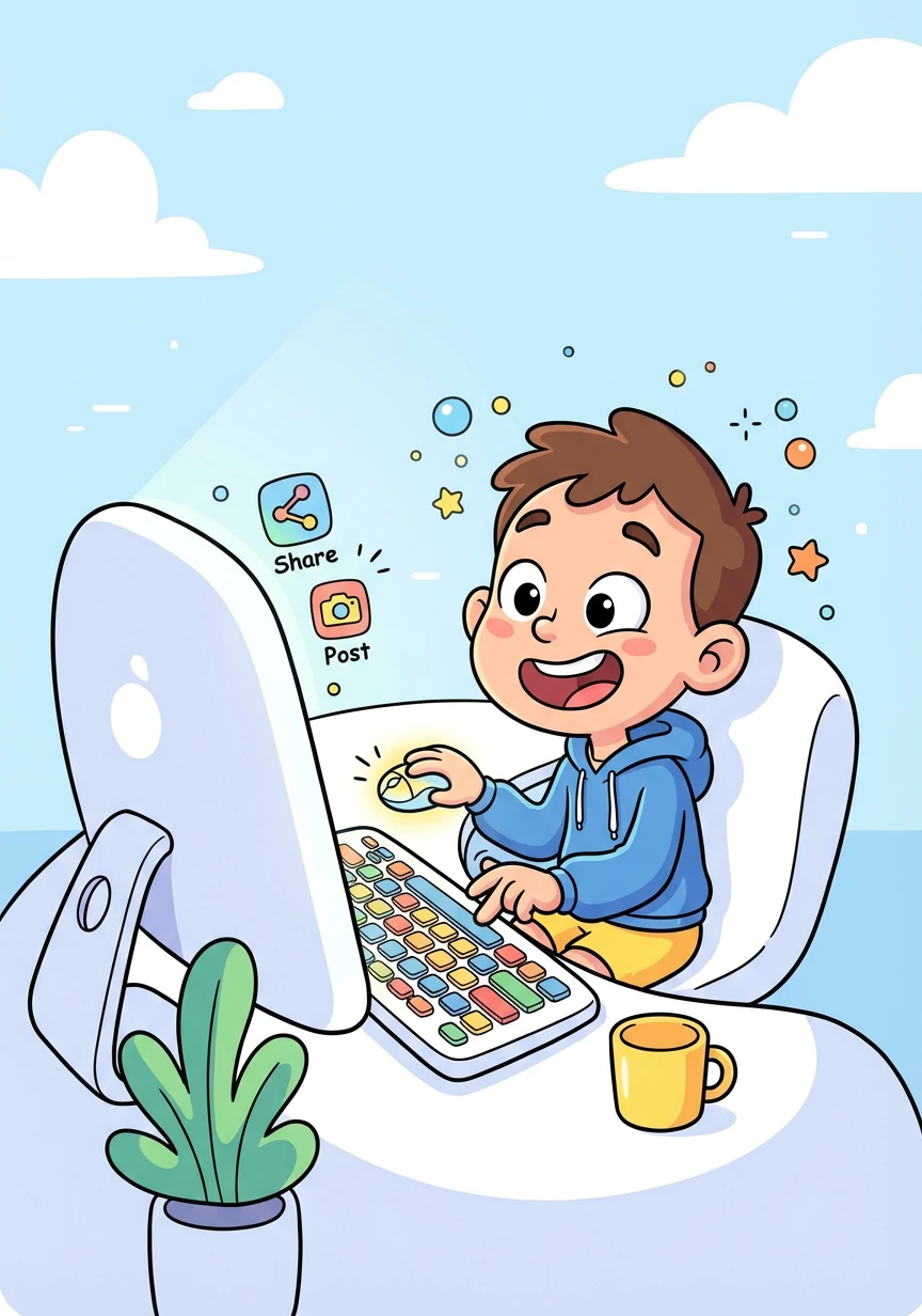With a few clicks, Freddie logs into his various accounts. He feels a surge of excitement as he prepares to share his first post.