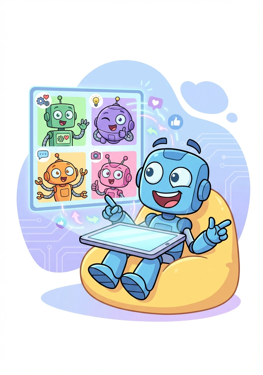 He meets a group of friendly robots online who are also learning about social media. They exchange tips and tricks, becoming fast friends.