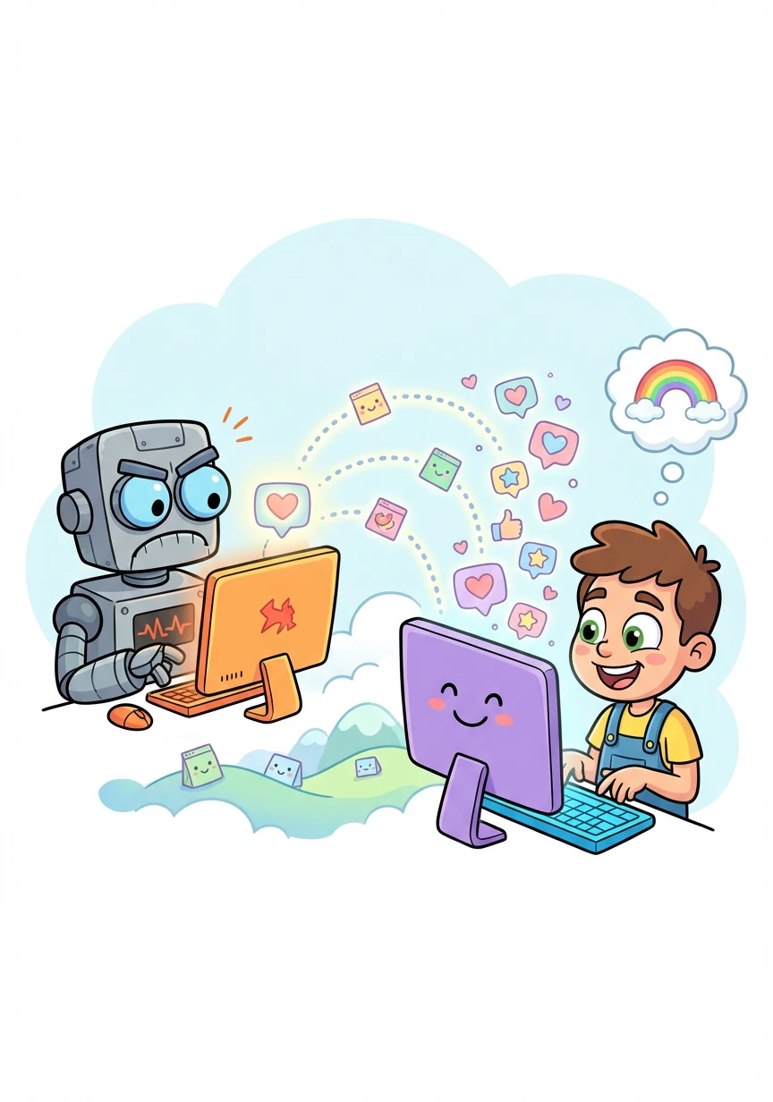 One day, a grumpy robot named GrumbleBot is spreading negativity online. Freddie uses his auto-reply skills to respond with kindness and encouragement.