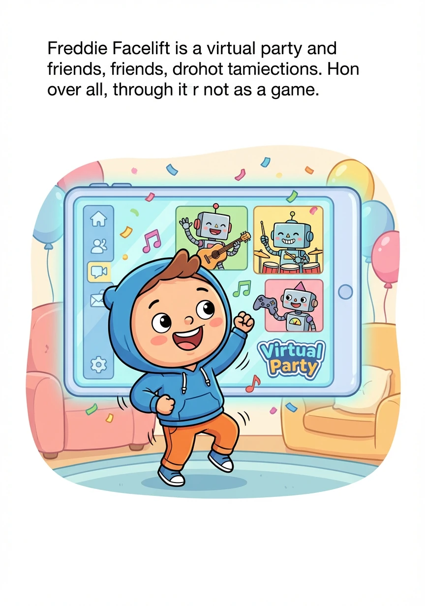 Freddie and his robot friends organize a virtual party on Facebook, inviting everyone to join in the fun. They share music, games, and laughter.