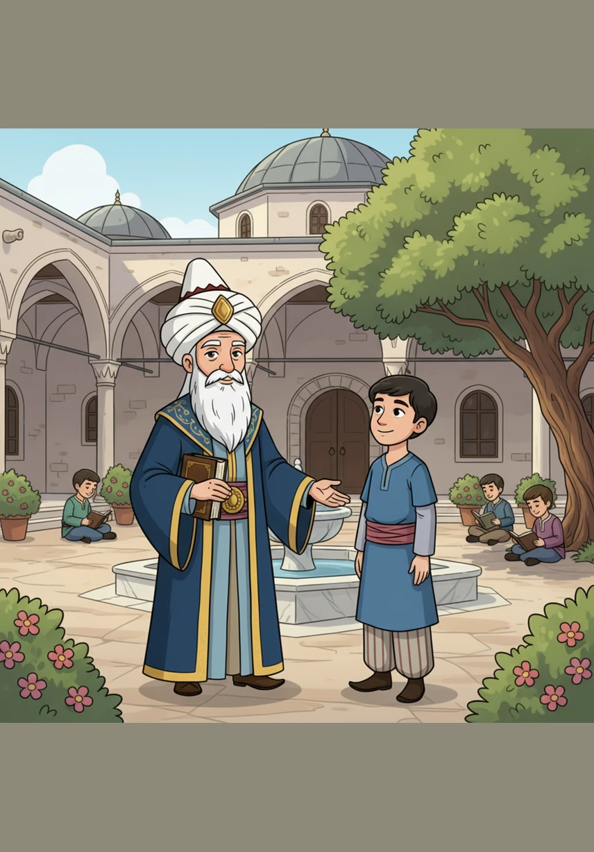 Medresenin huzurlu bahçesinde sade kıyafetler içinde, çevresine derin bir sükunet yayan bir adamla karşılaştı. Bu kişi, Orhan Gazi’nin davetiyle gelen ve talebelerini sadece bilgiyle değil, şefkatle de kucaklayan büyük âlim Davud-i Kayseri’den başkası değildi.