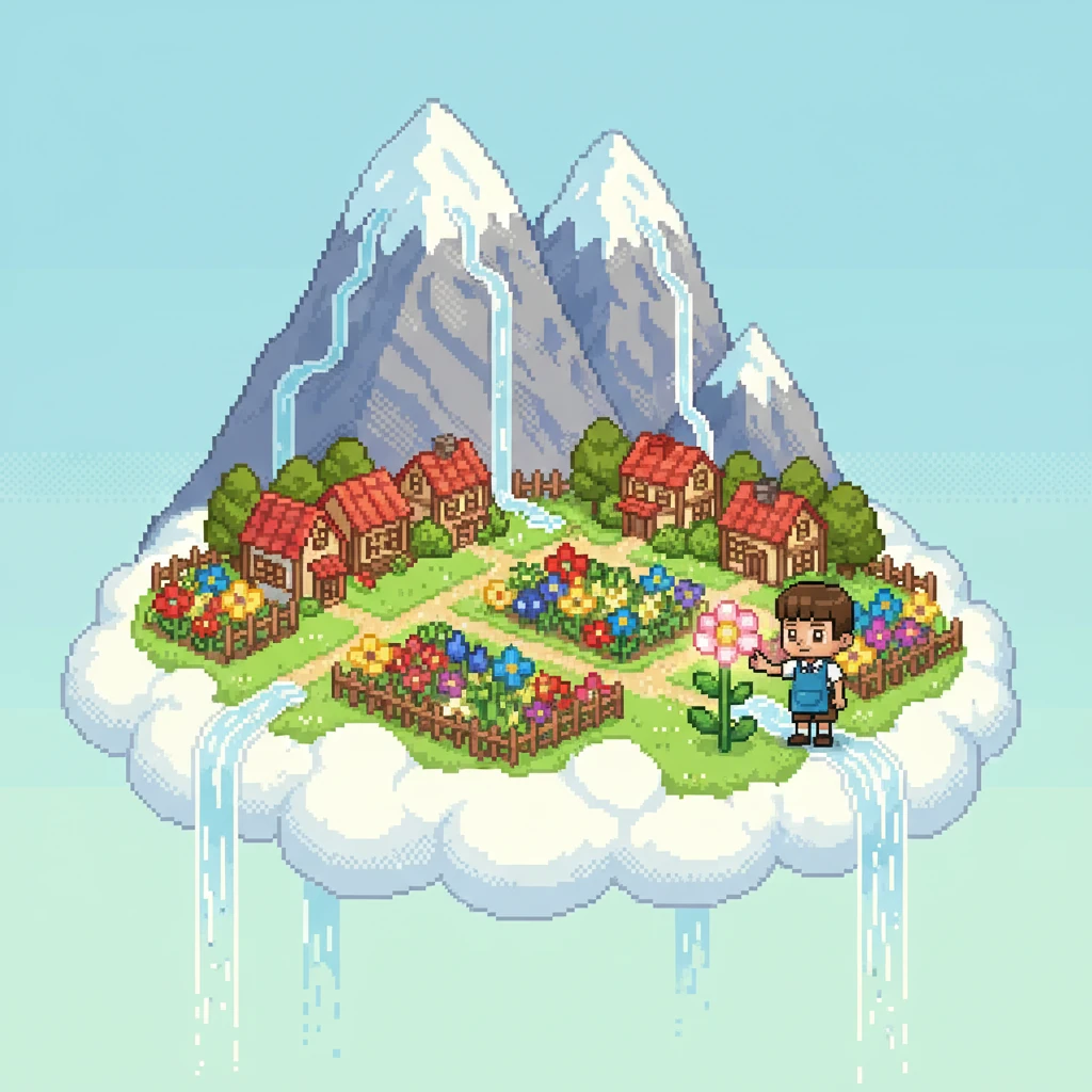 على طرف غيمة بعيدة، وفي مكان مليء بالجمال، كانت هناك قرية صغيرة تُسمّى قرية زهرة السعادة. تحيط بها الجبال العالية وتنزل فيها الشلالات الصافية مثل اللؤلؤ، وحدائق مليئة بالزهور البكسلية الملونة.