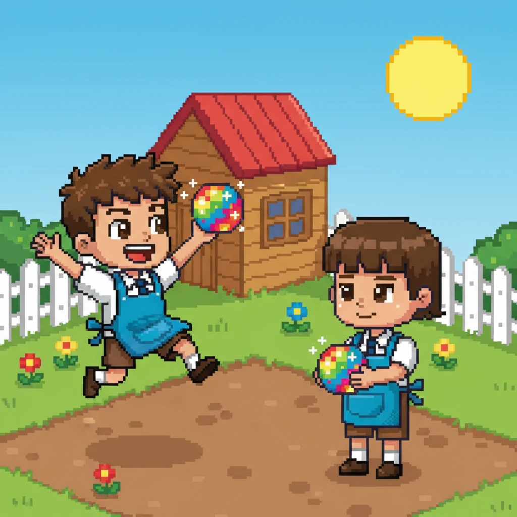 في فناء منزلهم البسيط، كان يَمين المشاغب ويانيس الهادئ يلعبان بالكرات البكسلية اللامعة. يَمين، بمئزره الأزرق، كان يقفز بحماس، بينما يانيس يبتسم بخجل.