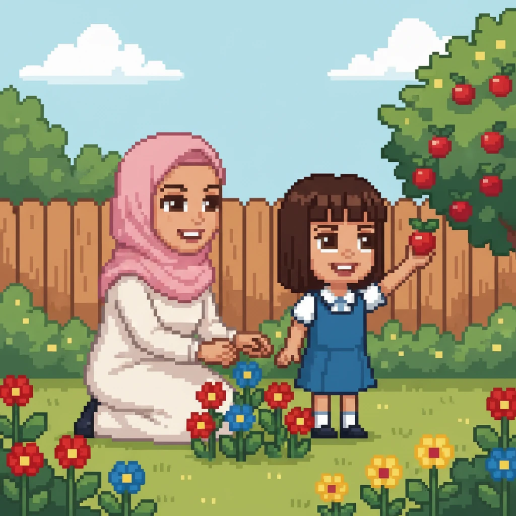 في الحديقة الخلفية، كانت الأم اللطيفة ترتدي حجابًا ورديًا وتعتني بالزهور المربعة. أختهم الكبرى سيرينا، ذات الشعر البني الطويل، تساعدها في قطف بعض الفاكهة البكسلية اللذيذة.