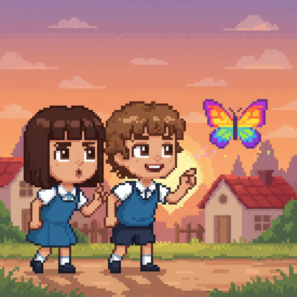 فجأة، لمح يَمين فراشة بكسلية متوهجة بألوان قوس قزح تحلق نحو حافة القرية. لمعت عيناه البنيتان ببريق المغامرة، وهمس ليانيس: "هيا نتبعها!"