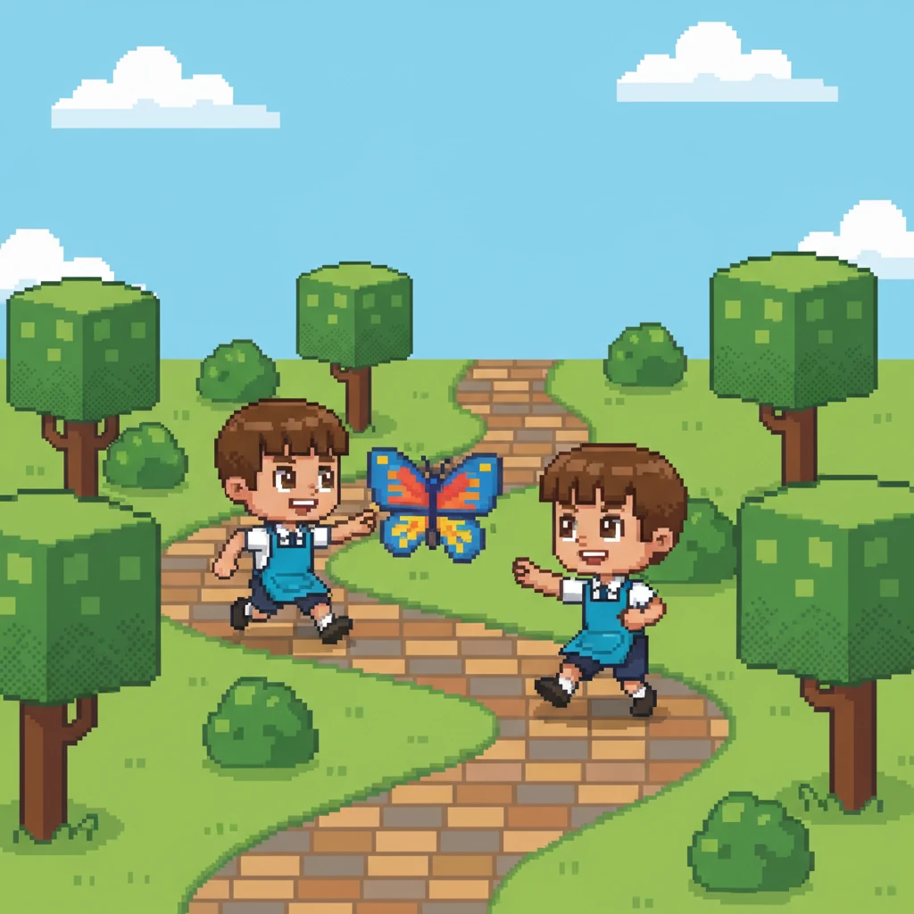 انطلق التوأمان في رحلة مثيرة، يتبعان الفراشة عبر ممر متعرج مرصوف بالبلاط البكسلي. مرّا بأشجار مربعة وشجيرات هندسية، وقلب يانيس ينبض بالإثارة والخوف معًا.