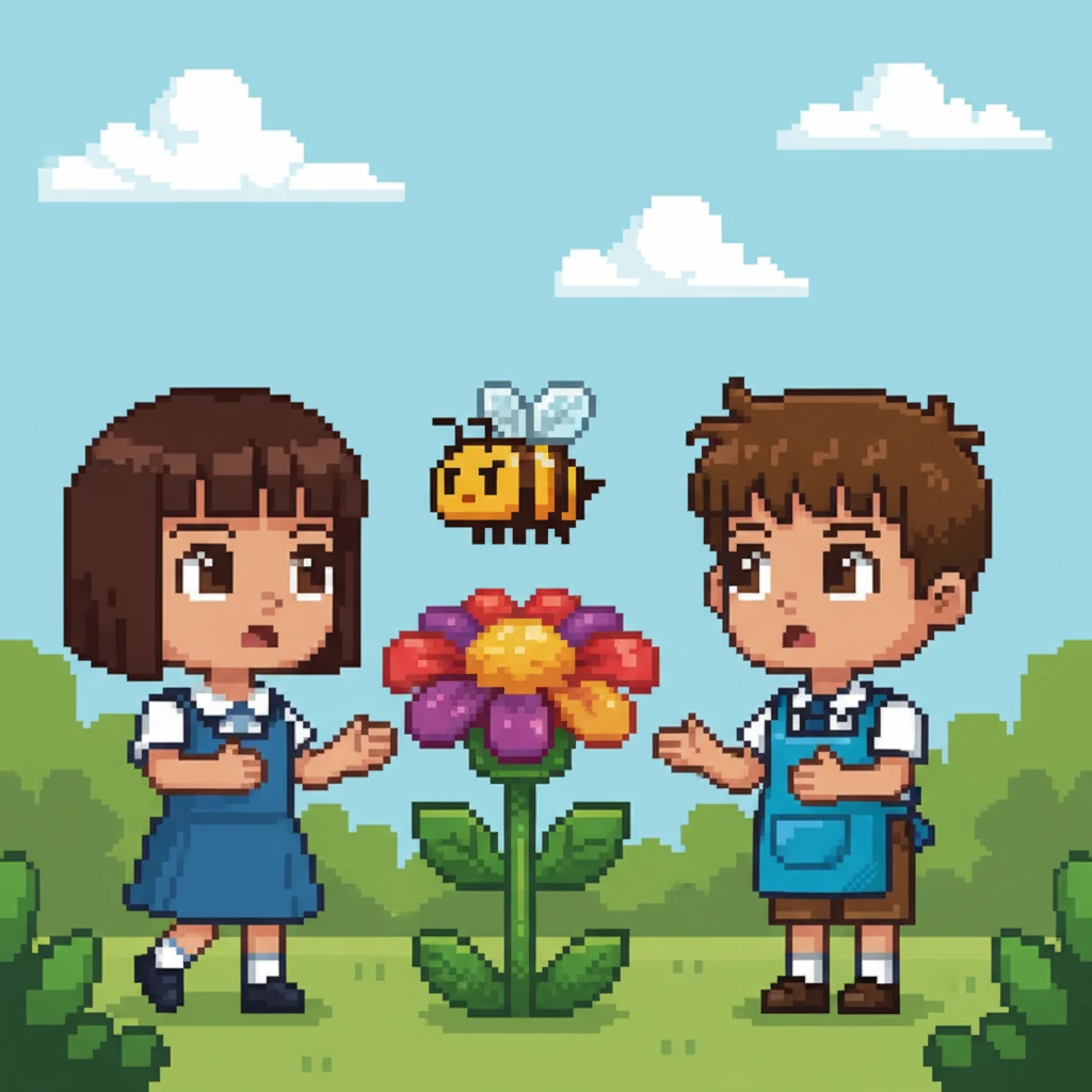 عندما اقتربا من الزهرة، خرجت نحلة بكسلية صغيرة تحوم حولها بحماية. بدت النحلة غاضبة قليلاً، وتصدت لهم، مانعة إياهم من الاقتراب أكثر.