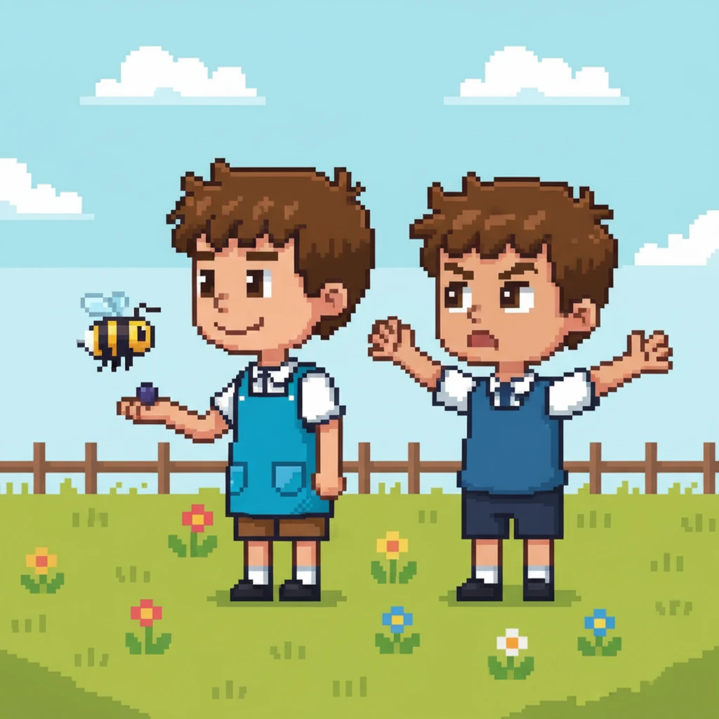 حاول يَمين أن يبعد النحلة بيده، لكن يانيس تذكر نصائح أمه عن اللطف مع الطبيعة. أخرج حبة توت بكسلية صغيرة من جيبه وقدمها للنحلة بلطف.