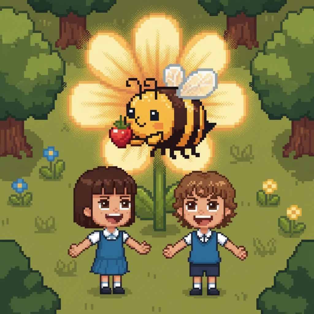 قبلت النحلة التوتة، وهدأت، وسمحت للتوأمين بالاقتراب من الزهرة المتوهجة. شعر يَمين ويانيس بالدهشة والسعادة، وبدأوا يضحكون مع النحلة اللطيفة.