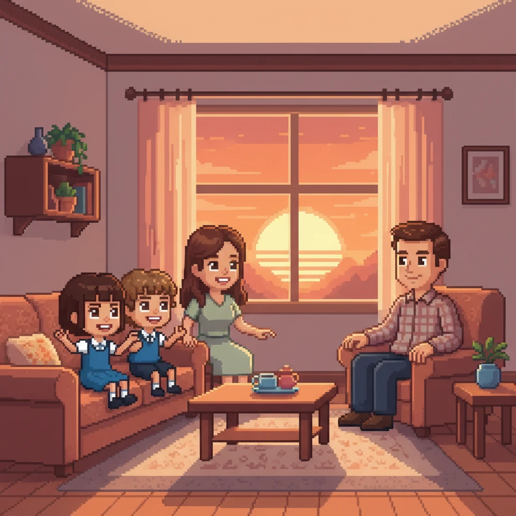 عاد التوأمان إلى المنزل مع غروب الشمس البكسلية، وقلوبهما مليئة بالقصص. شاركا اكتشافهما مع العائلة، وابتسم الأب الهادئ والأم الحنونة بفخر بمغامرتهما وبلطفهما.