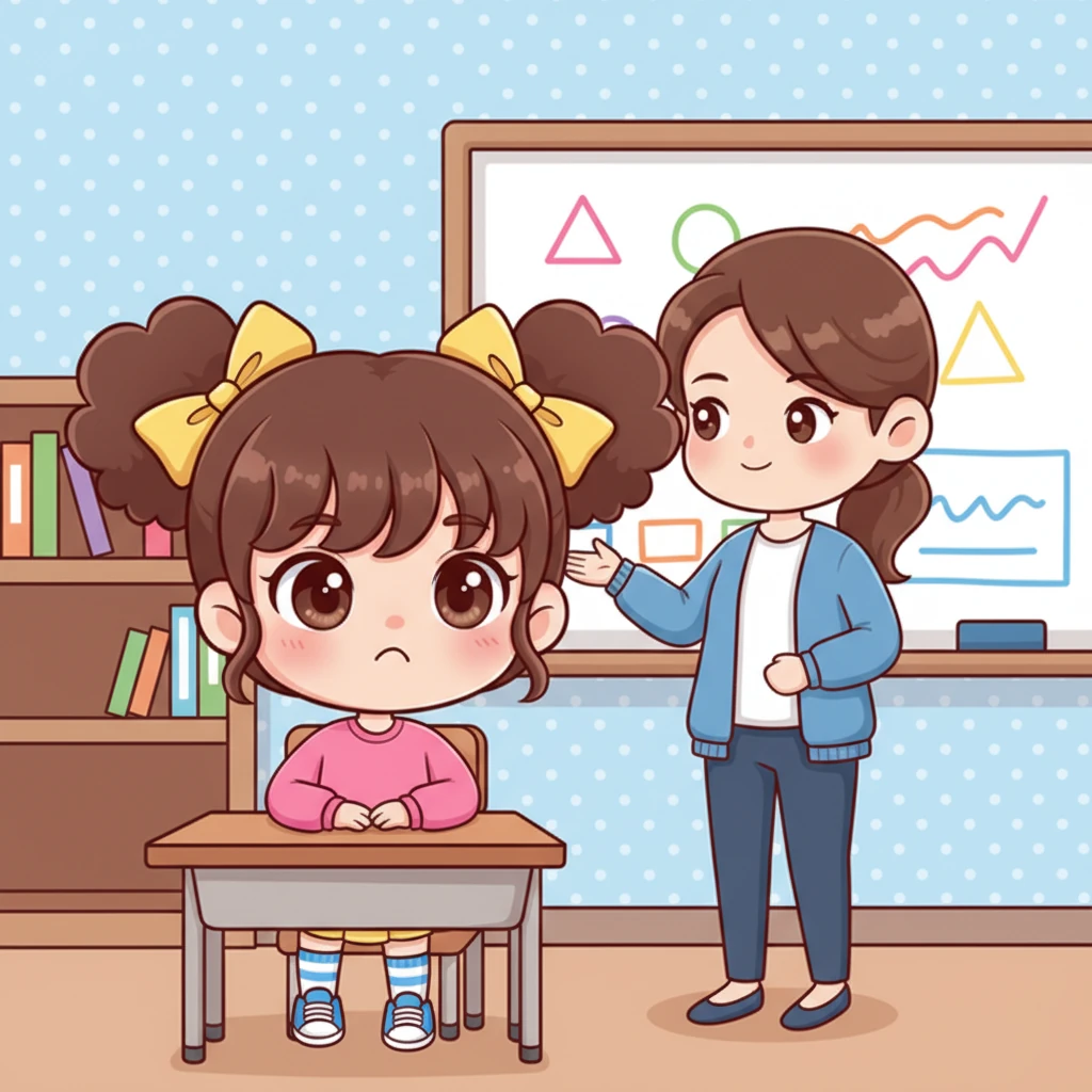 Aurora siede al suo banco, un piccolo broncio sul viso mentre la gentile Maestra Elena inizia la lezione di "Geostoria". Le sue grandi, lucide pupille si spostano nervosamente, ma cerca di ascoltare attentamente.