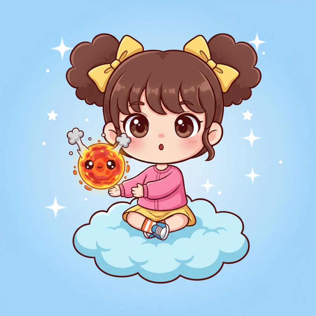 La Maestra Elena racconta come la Terra fosse un tempo una palla rovente di roccia fusa. Aurora immagina una piccola Terra chibi, arancione e rossa, che ribolle e fuma, i suoi occhietti rotondi spalancati per la curiosità.