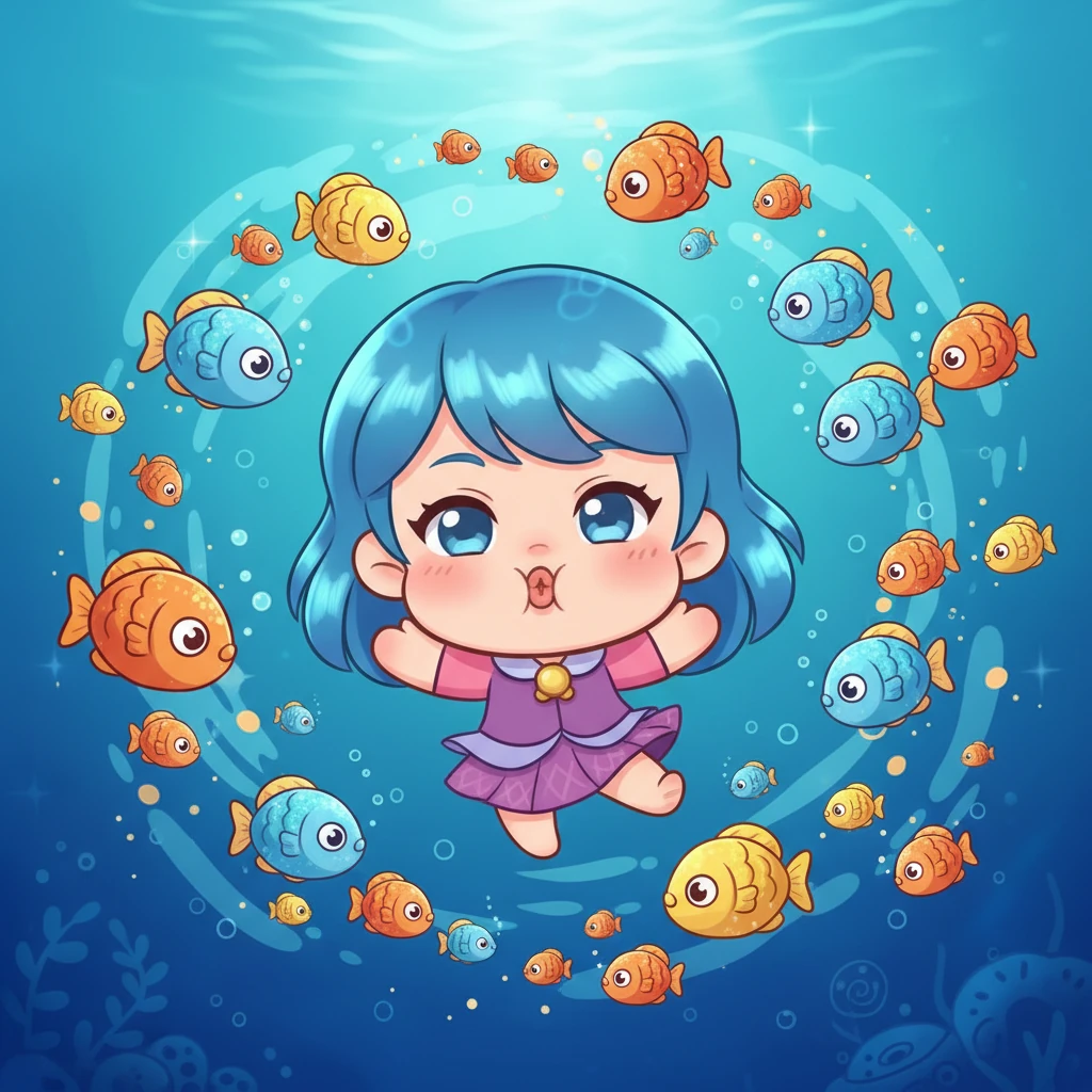 Poi, i primi pesciolini, piccoli e rotondi con scaglie lucide, nuotano giocosamente nell'immenso oceano chibi. Aurora ridacchia piano, facendo una buffa faccia da pesce, le sue corte gambe che si agitano come se nuotasse.