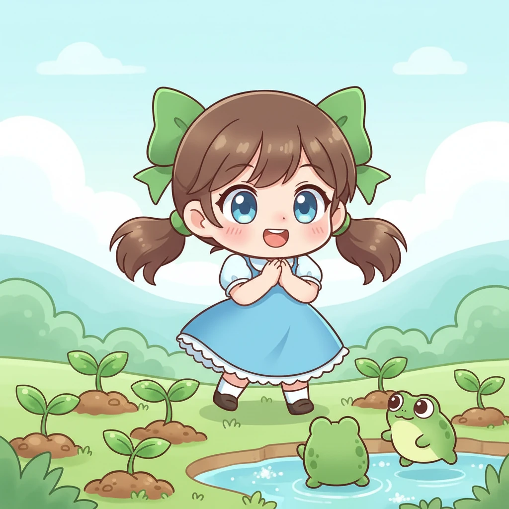 La vita si sposta coraggiosamente sulla terraferma! Piantine chibi spuntano con foglie verdi brillanti, e piccoli, teneri anfibi saltellano fuori dall'acqua. Aurora batte le sue piccole mani per la gioia, i suoi occhi brillano di meraviglia.