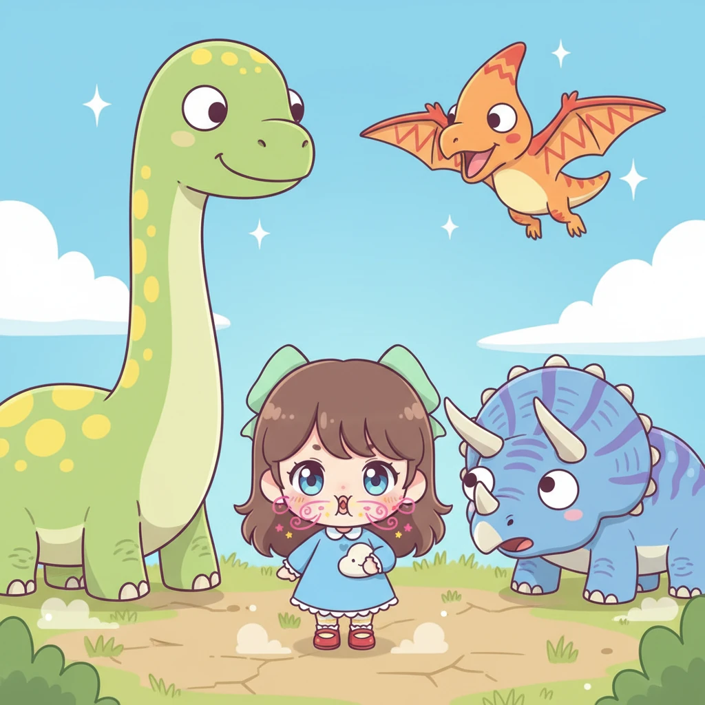 Giganteschi, amichevoli dinosauri chibi, con espressioni buffe e motivi vivaci, calpestano dolcemente la terra. Aurora gonfia le guance, provando a fare un "ROAR!" che le esce come un simpatico piccolo strillo.