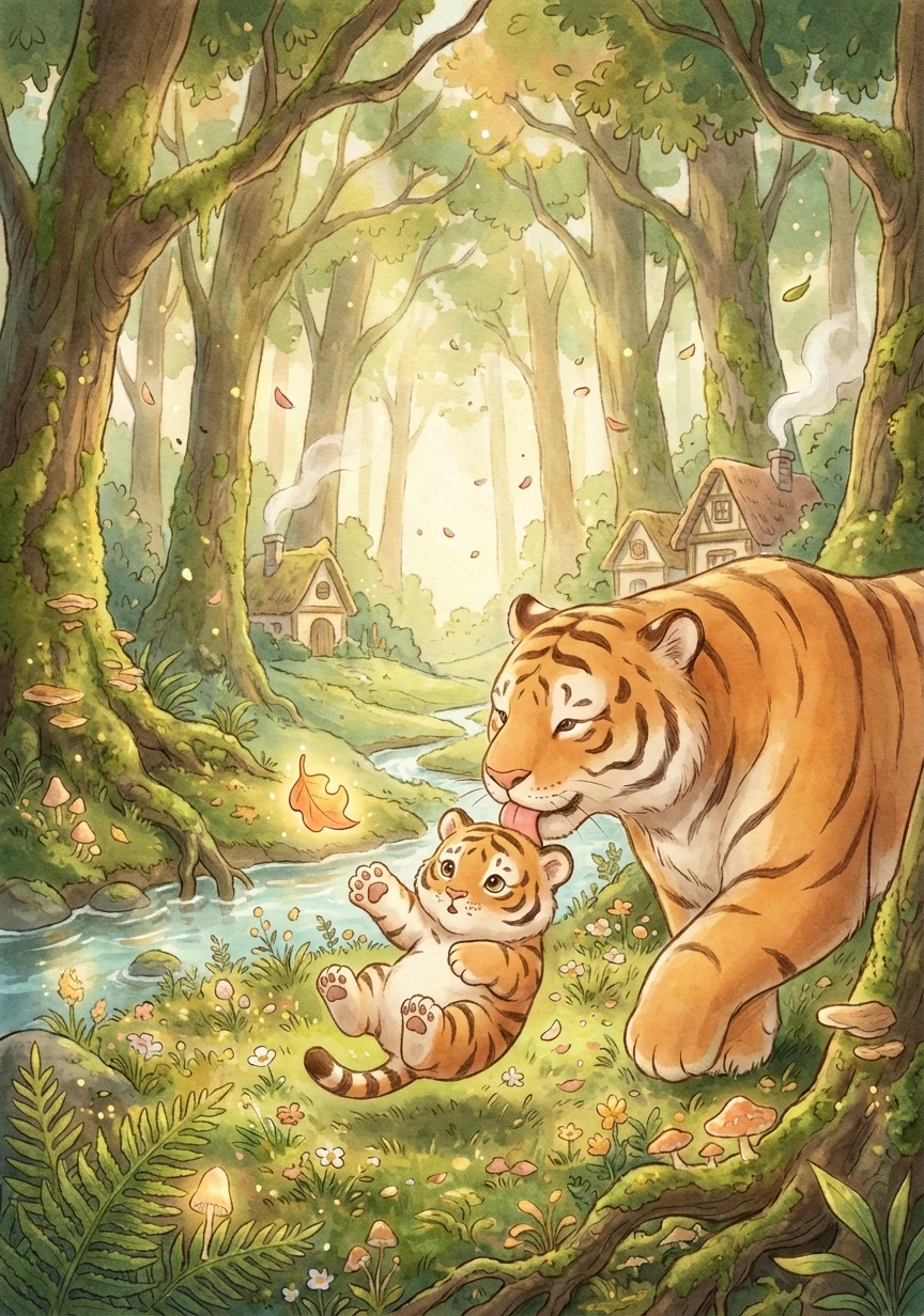 一只刚出生的小老虎,摇摇晃晃地走在妈妈身边,好奇地看着周围的世界。他伸出肉乎乎的小爪子,想要抓住一片飘落的树叶,却扑了个空,惹得妈妈轻轻舔了舔他的头。