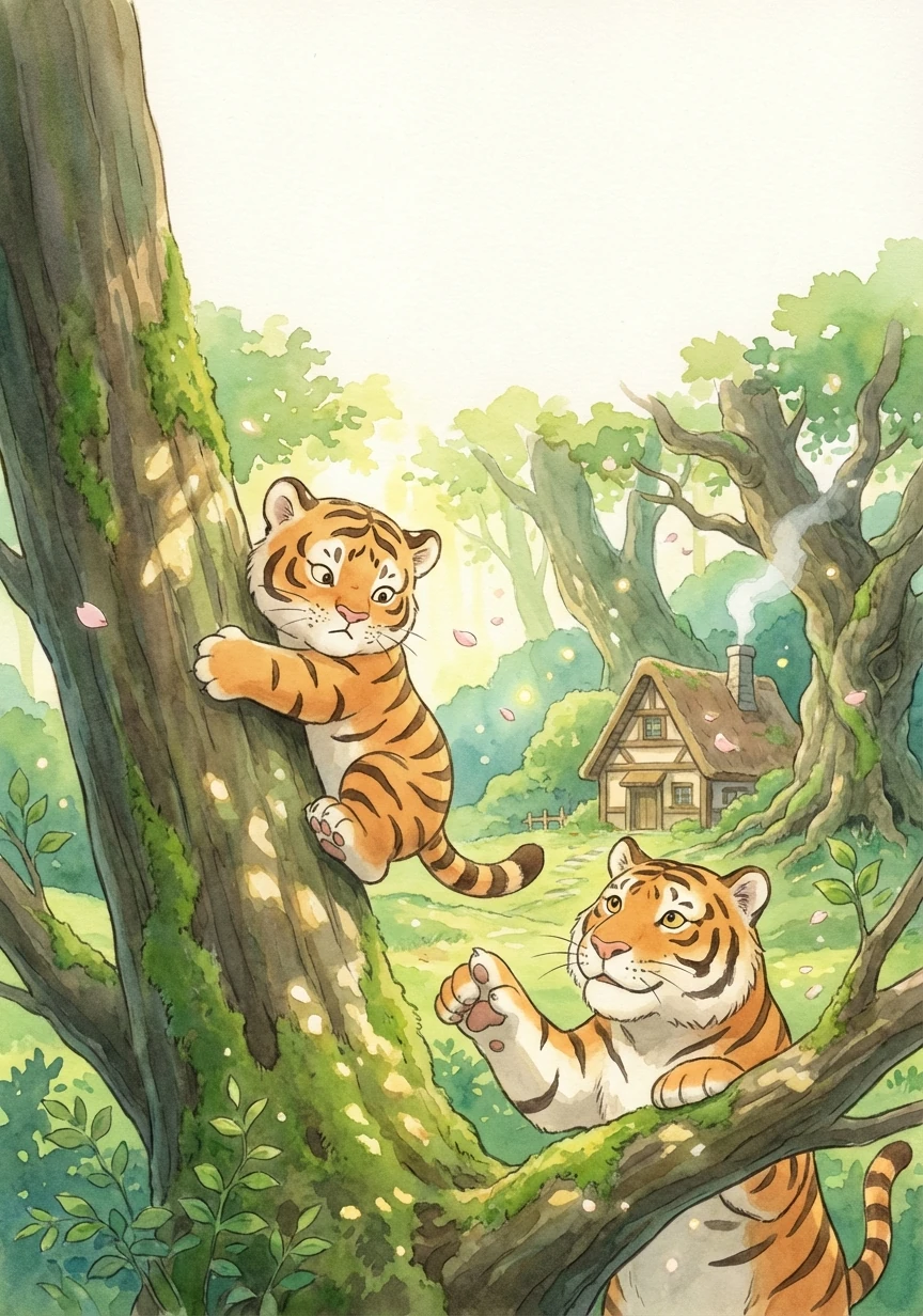 为了锻炼小老虎的体魄,妈妈开始教他爬树。小老虎笨手笨脚地抱着树干,努力向上攀爬,虽然经常摔下来,但他从不放弃,一次又一次地尝试。