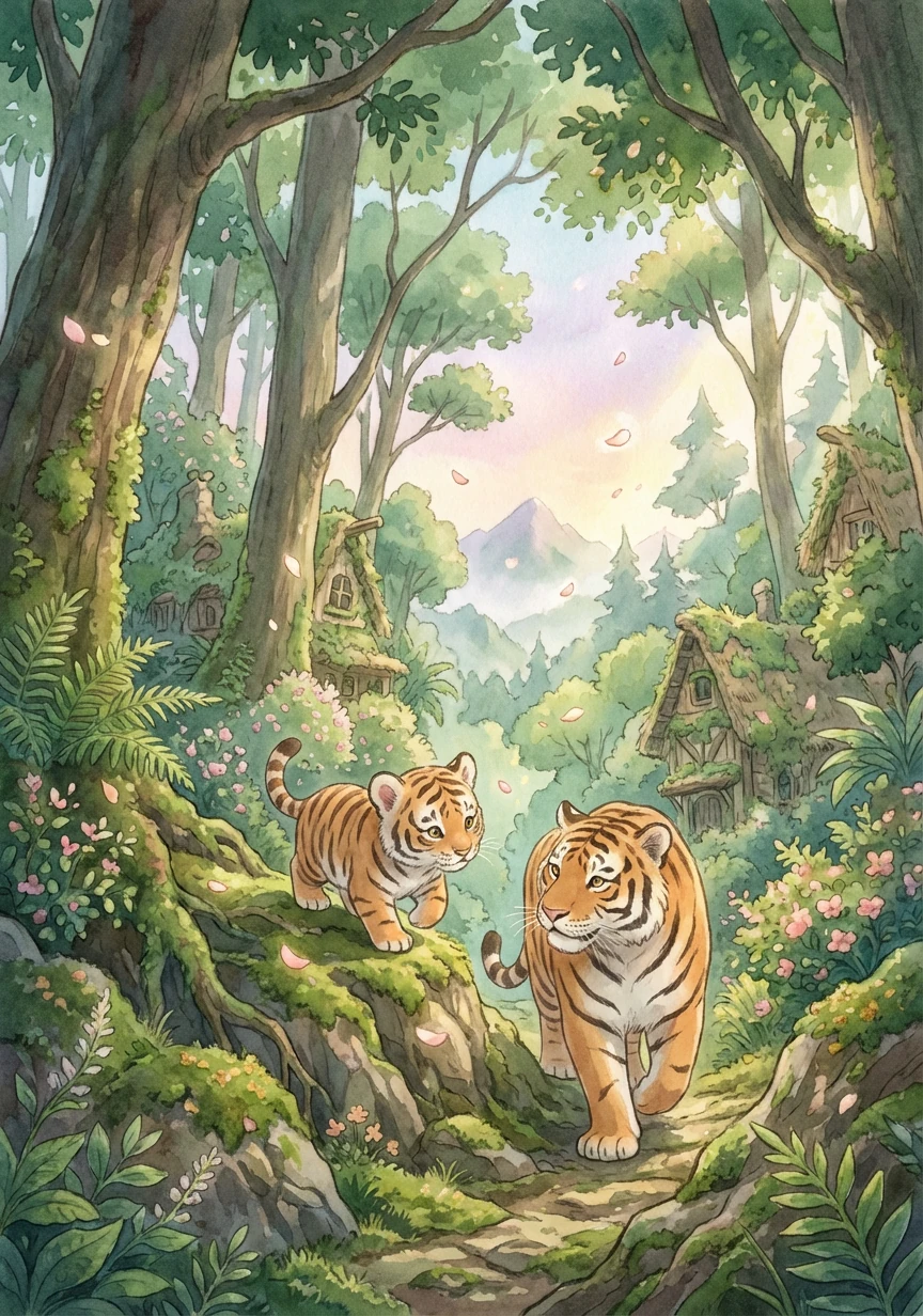 小老虎开始跟随妈妈学习巡山。他小心翼翼地走在崎岖的山路上,用敏锐的嗅觉和听觉,观察着周围的动静,保护着森林的安全。