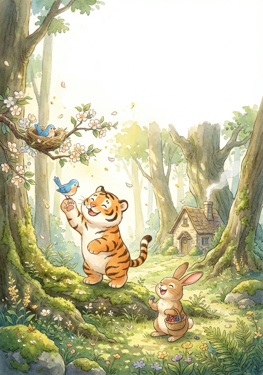 巡山的过程中,小老虎遇到了各种各样的小动物。他和小兔子成为了好朋友,还帮助迷路的小鸟找到了回家的路,感受到了帮助别人的快乐。