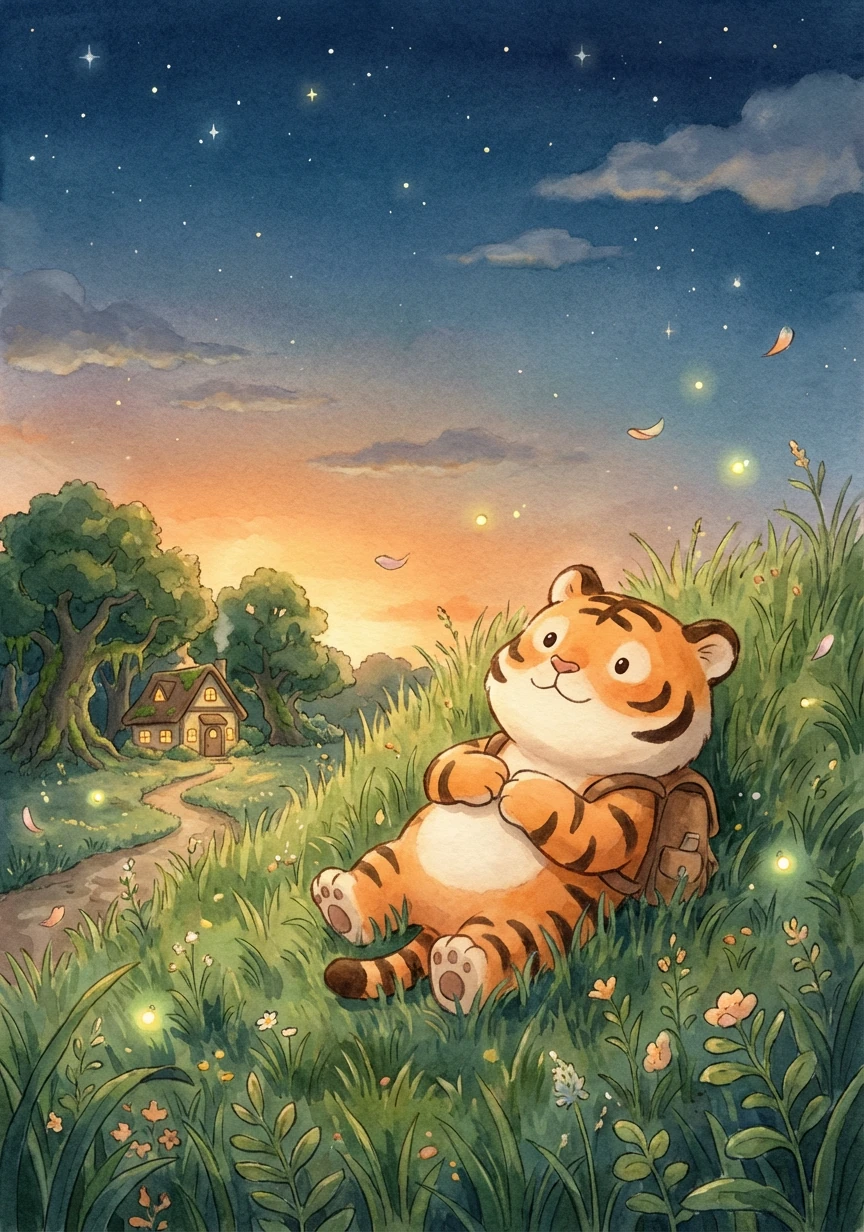 夕阳西下,小老虎完成了今天的巡山任务,他躺在草地上,看着天上的星星,感到无比的平静和幸福。醒了就飞,累了就睡,这就是小老虎的成长故事。