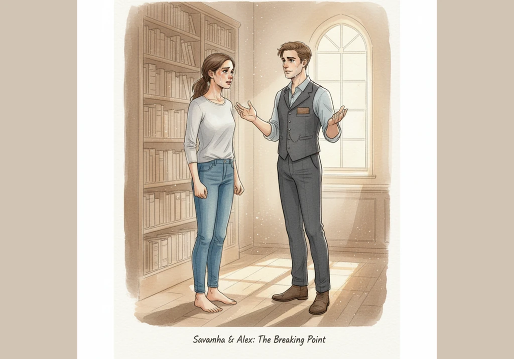 The tension finally breaks as they move inside, the living room lamps casting a soft, amber glow over their sudden embrace. Alex's touch is a revelati