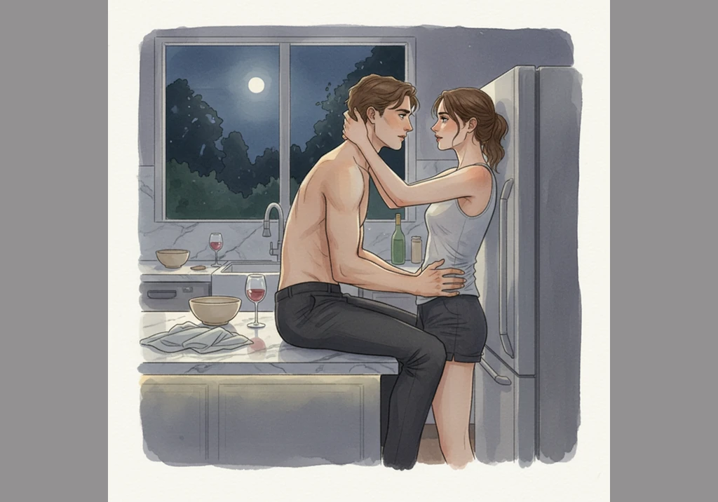 The night deepens as their connection grows more adventurous, moving from the soft sheets to the cold marble of the kitchen counter. The contrast of t