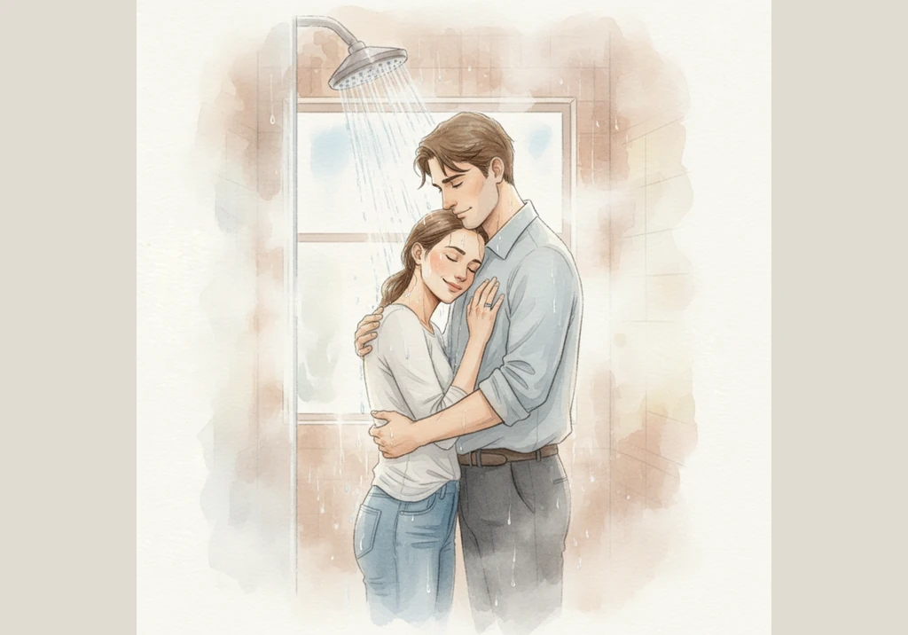 Seeking a moment of respite, they step into the master shower, the sound of cascading water muffling their laughter and sighs. The steam rises around