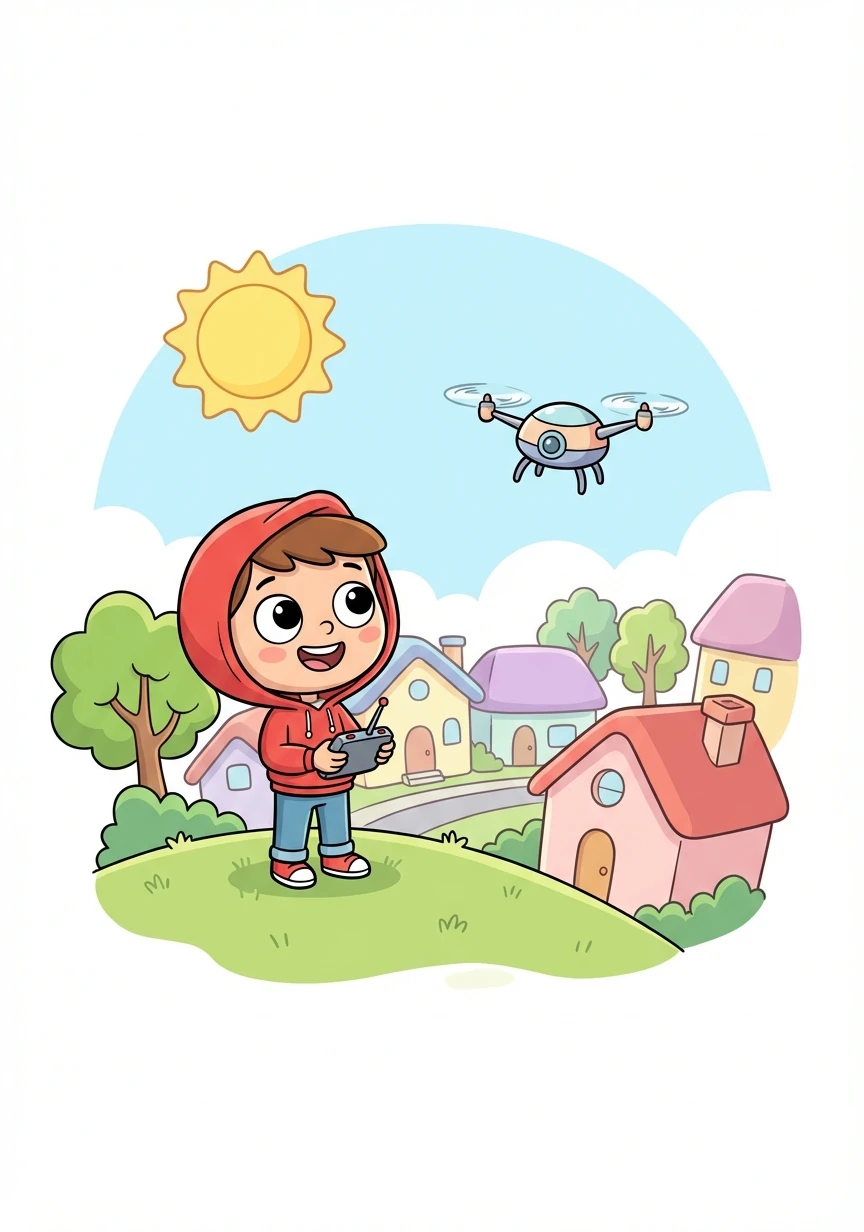A sunny day dawns over a peaceful neighborhood. A drone floats gently above, capturing an overhead view of the houses and tree-lined streets. The scene exudes tranquility and warmth.