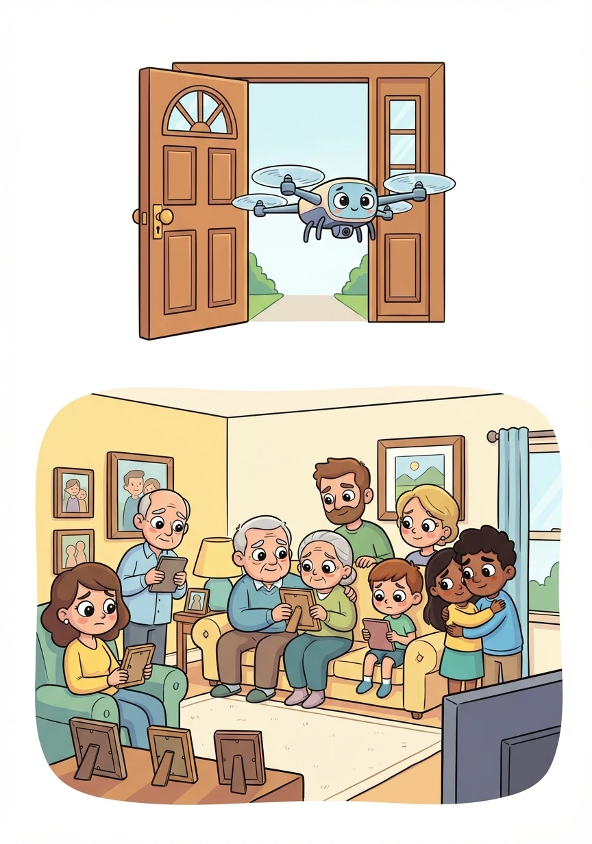 The drone silently glides through the open front door of Dr. Jenkins' house. Inside, a gathering of friends and family is visible, their faces etched with a mixture of sadness and remembrance.